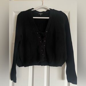 Express Black V-Neck Lace-Up Sweater